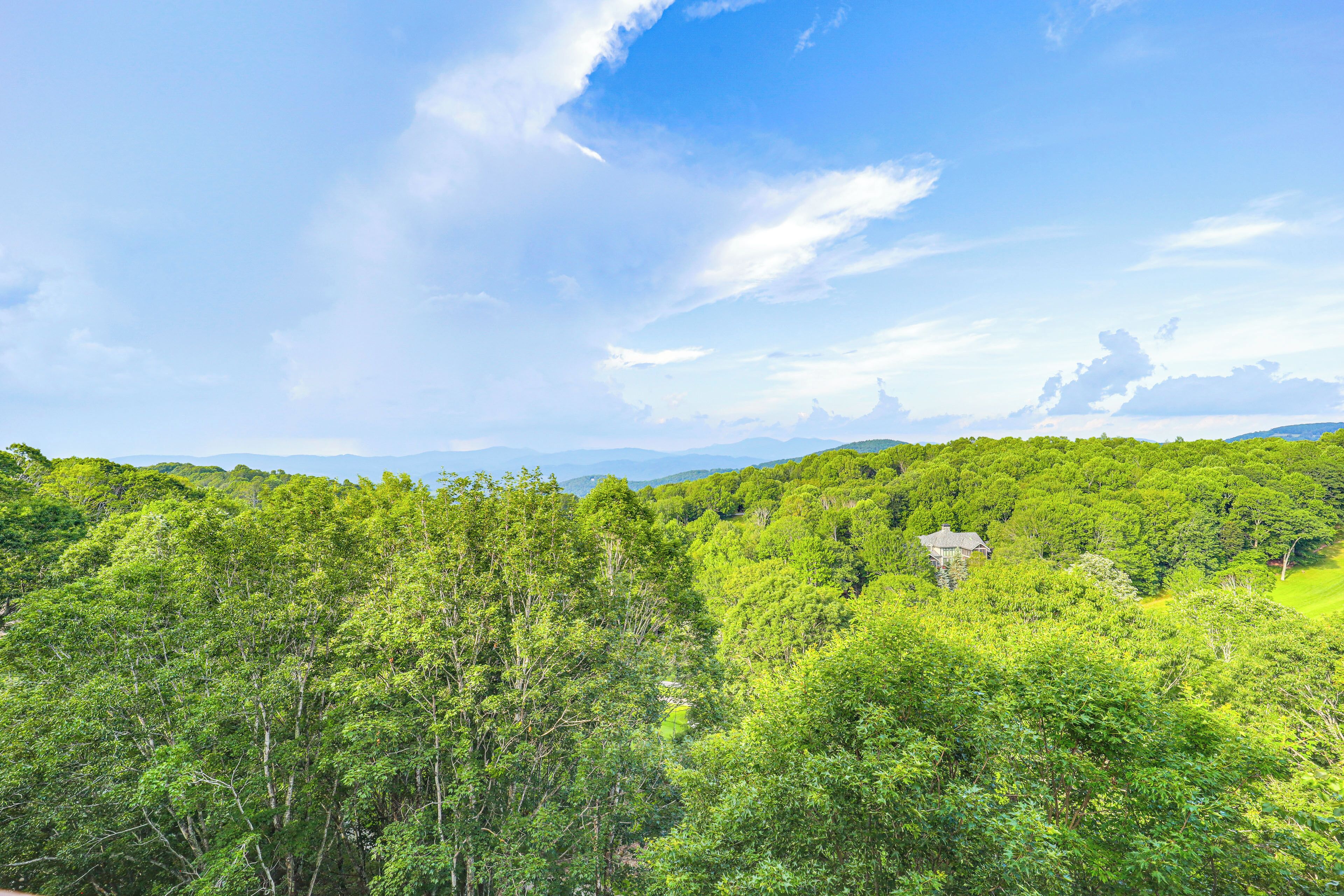 Un paysage verdoyant et luxuriant, avec une maison nichée au milieu des arbres.