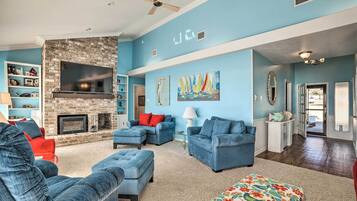 Fireplace, iPod dock, books