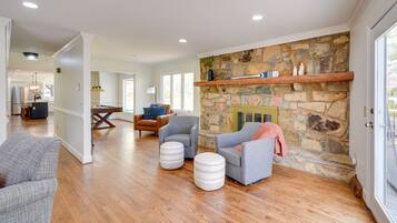TV, fireplace, books