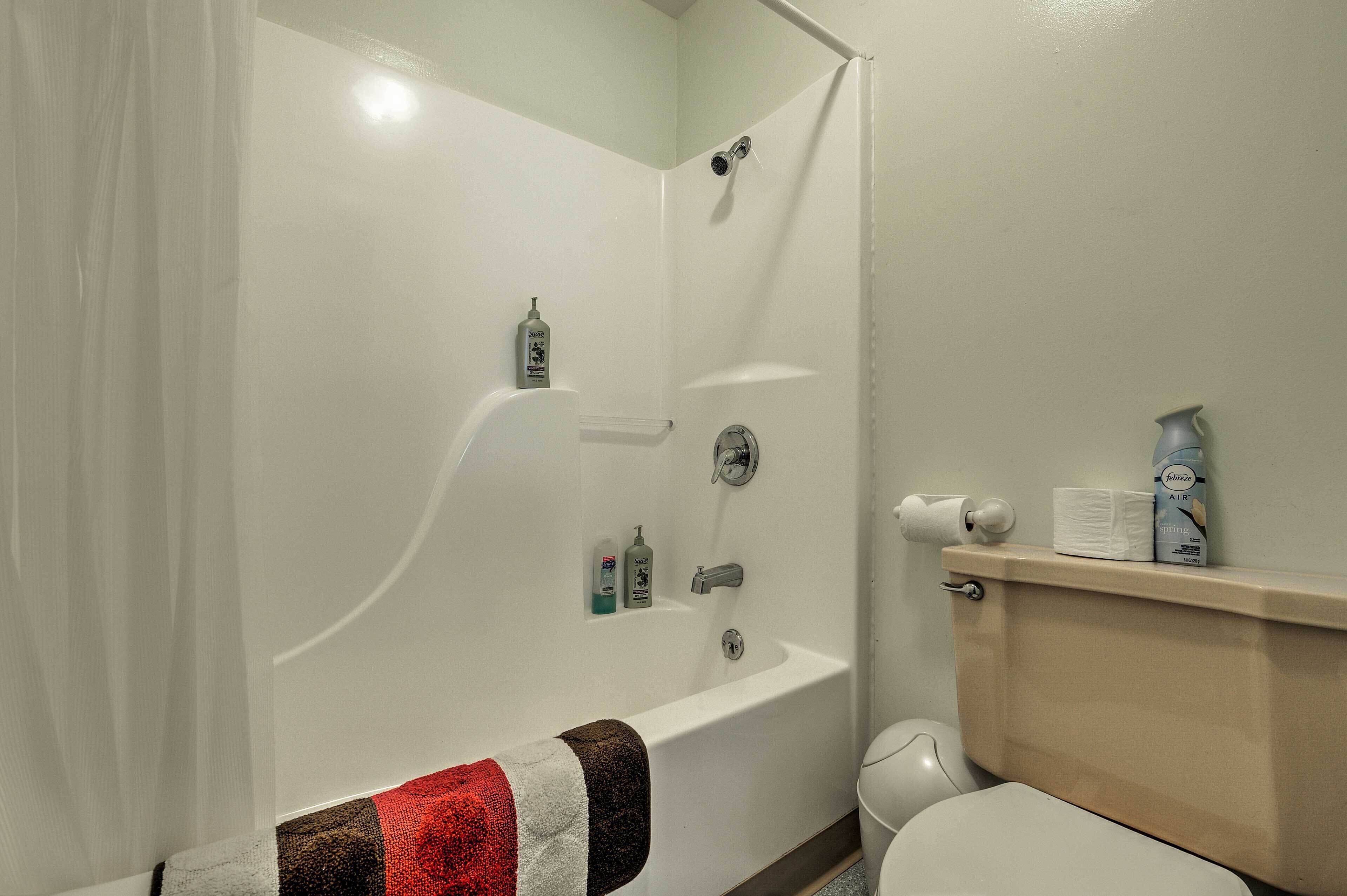 Une salle de bain avec une baignoire, des toilettes et une douche.