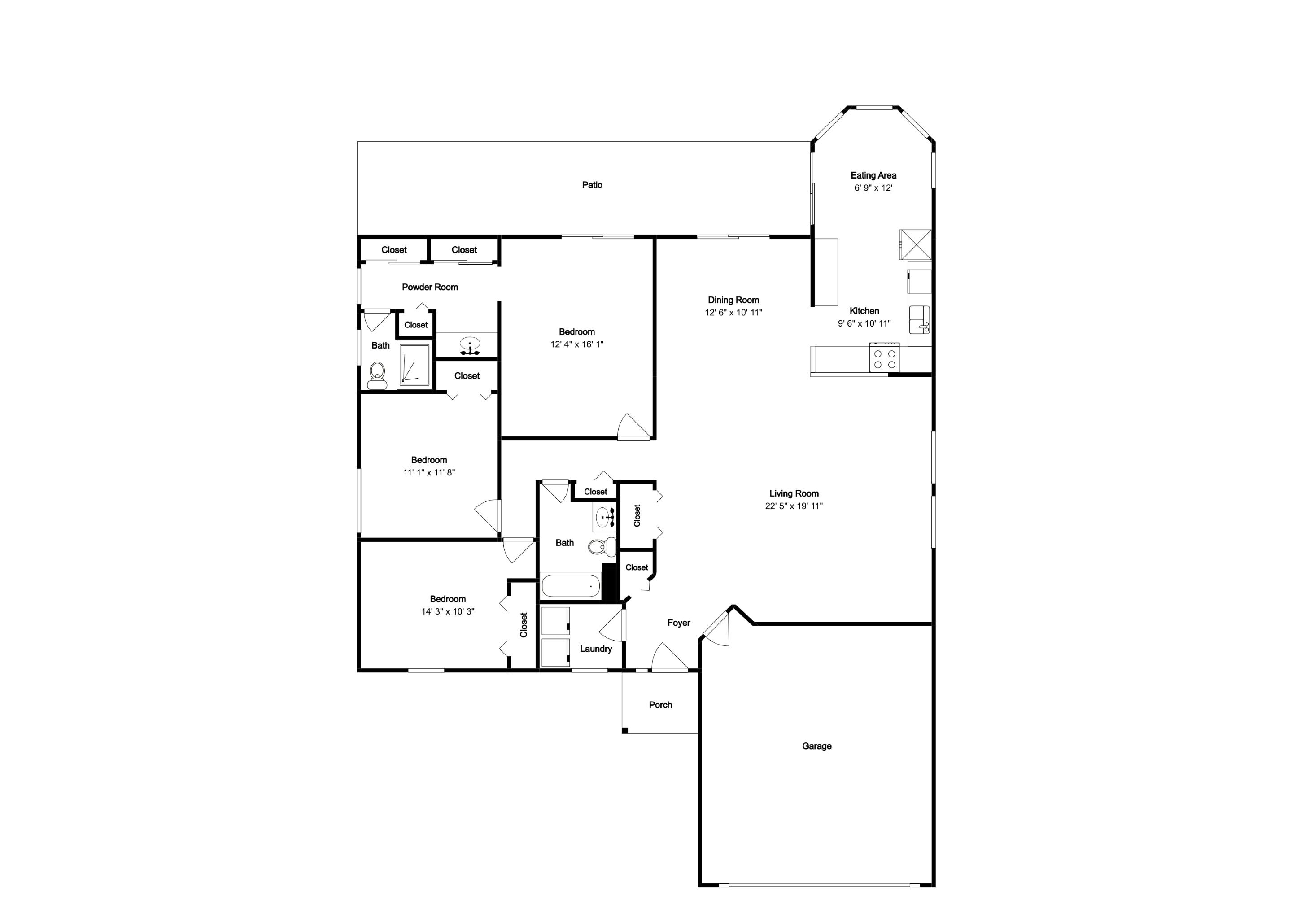 Un plan d’étage d’une maison comprenant une terrasse, une salle à manger, une cuisine, un salon, des chambres, des salles de bain, des toilettes, un hall d’entrée, une buanderie et un garage.