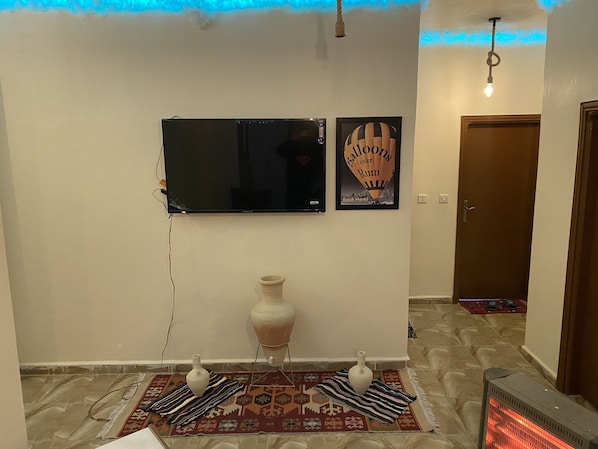 A room with a flat-screen TV mounted on the wall, a decorative poster, a white vase, a patterned rug, and a portable heater.