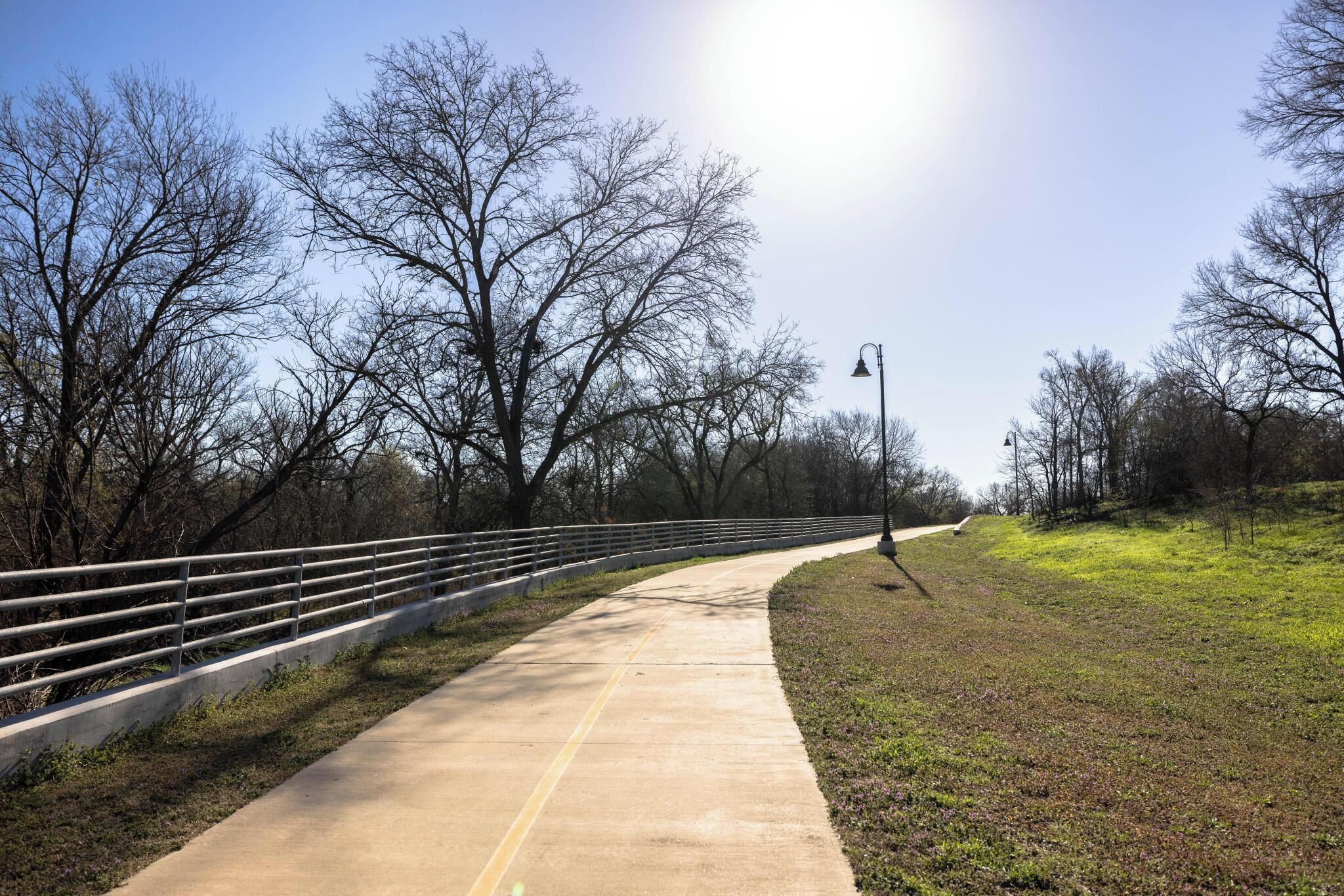 A concrete pathway with metal railings, surrounded by leafless trees and a clear sky.