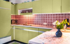 Fridge, microwave, stovetop, coffee/tea maker