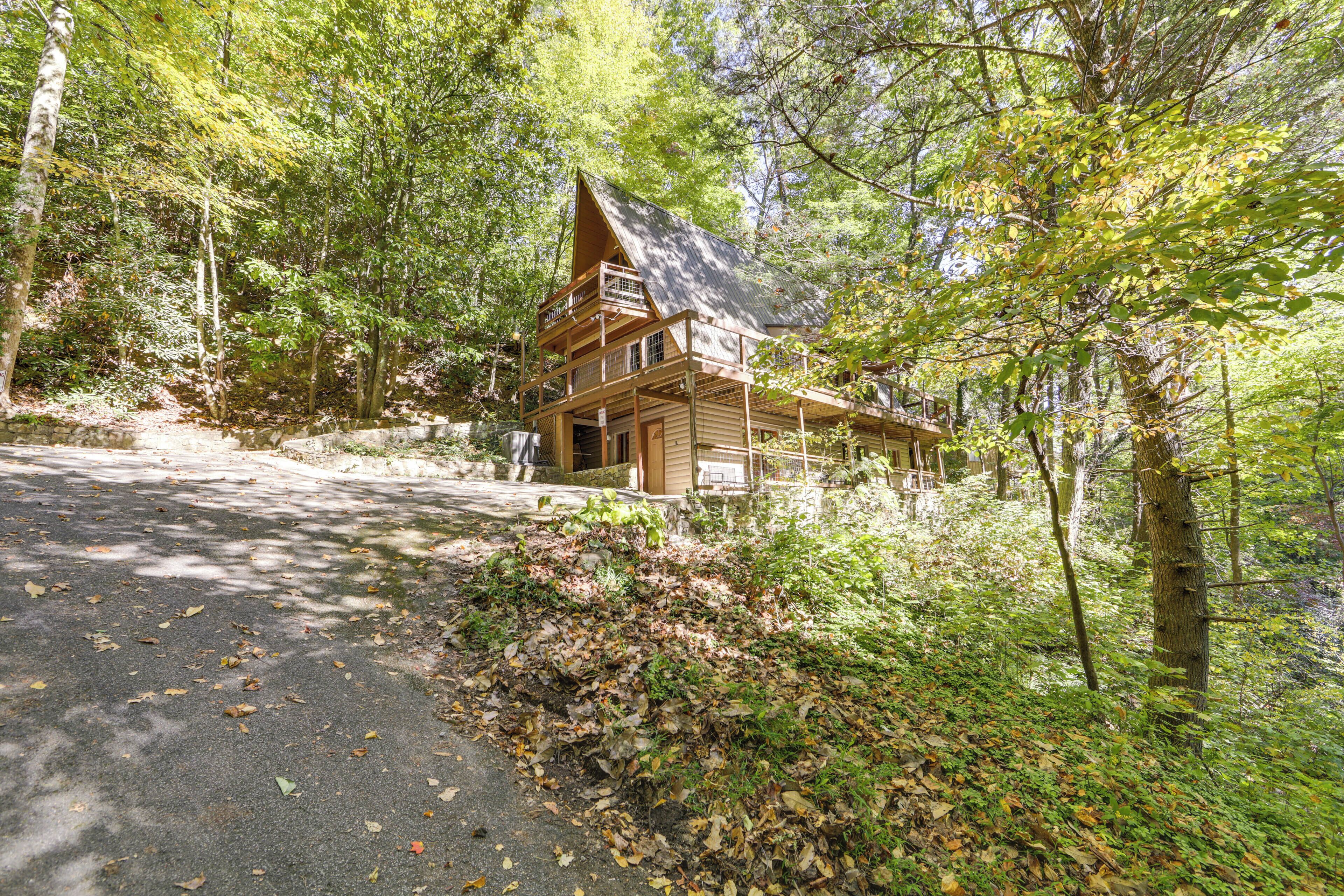 Une cabane dotée d  ’un balcon, entourée d’une forêt dense.