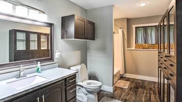 A modern bathroom with a vanity, toilet, and shower area.