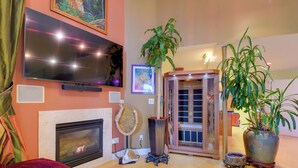 A living room with a fireplace, a television, and a large potted plant. - Cozy Emeryville Studio, Near Beaches & Parks! (Emeryville)