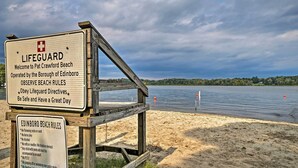 Un panneau indiquant la présence d’un sauveteur sur la plage de Pat Crawford, gérée par la municipalité d’Édimbourg, où sont affichées les règles à respecter sur la plage.