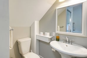 A bathroom with a toilet, sink, and mirror.