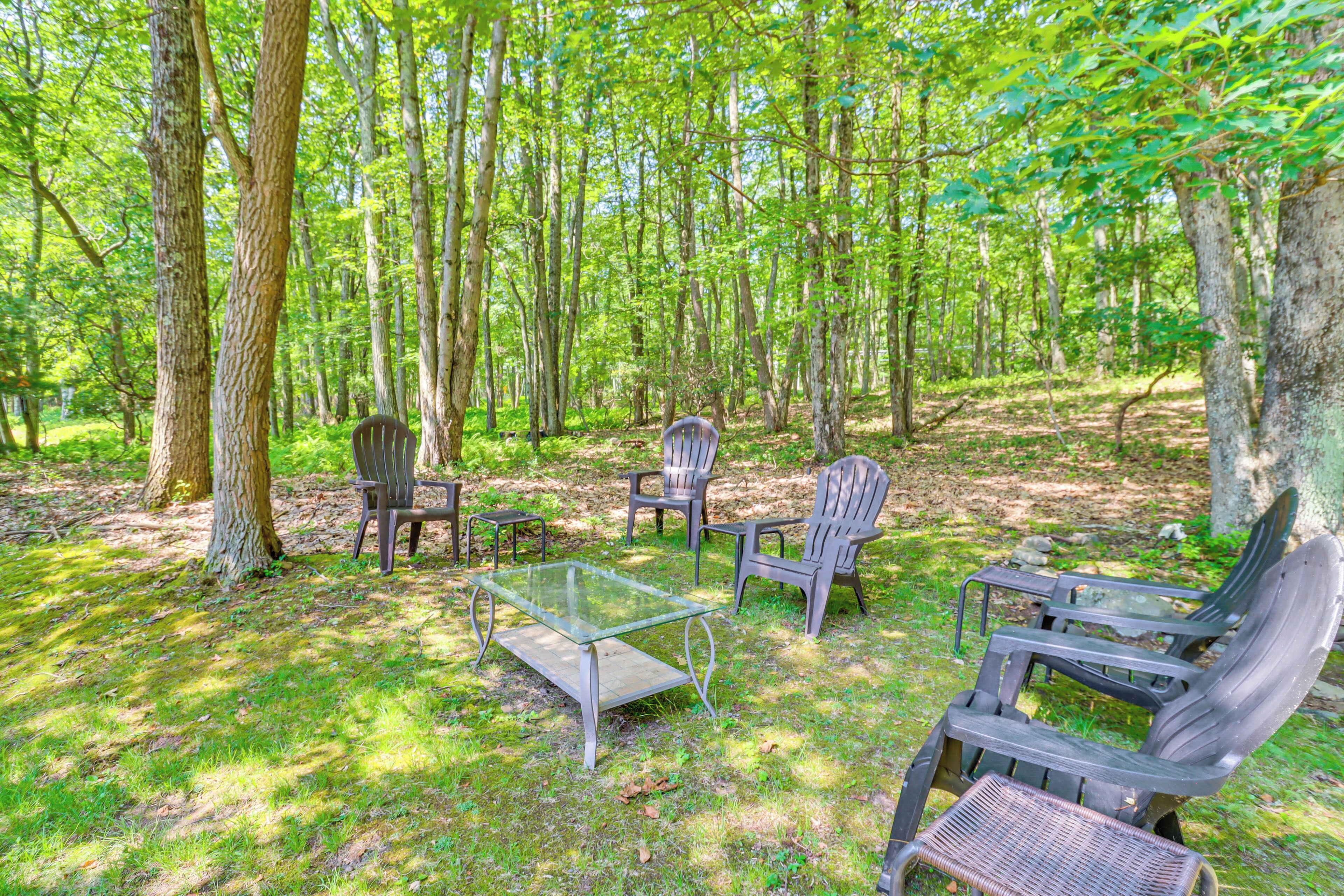 A forest clearing with a glass-top table and several Adirondack chairs.