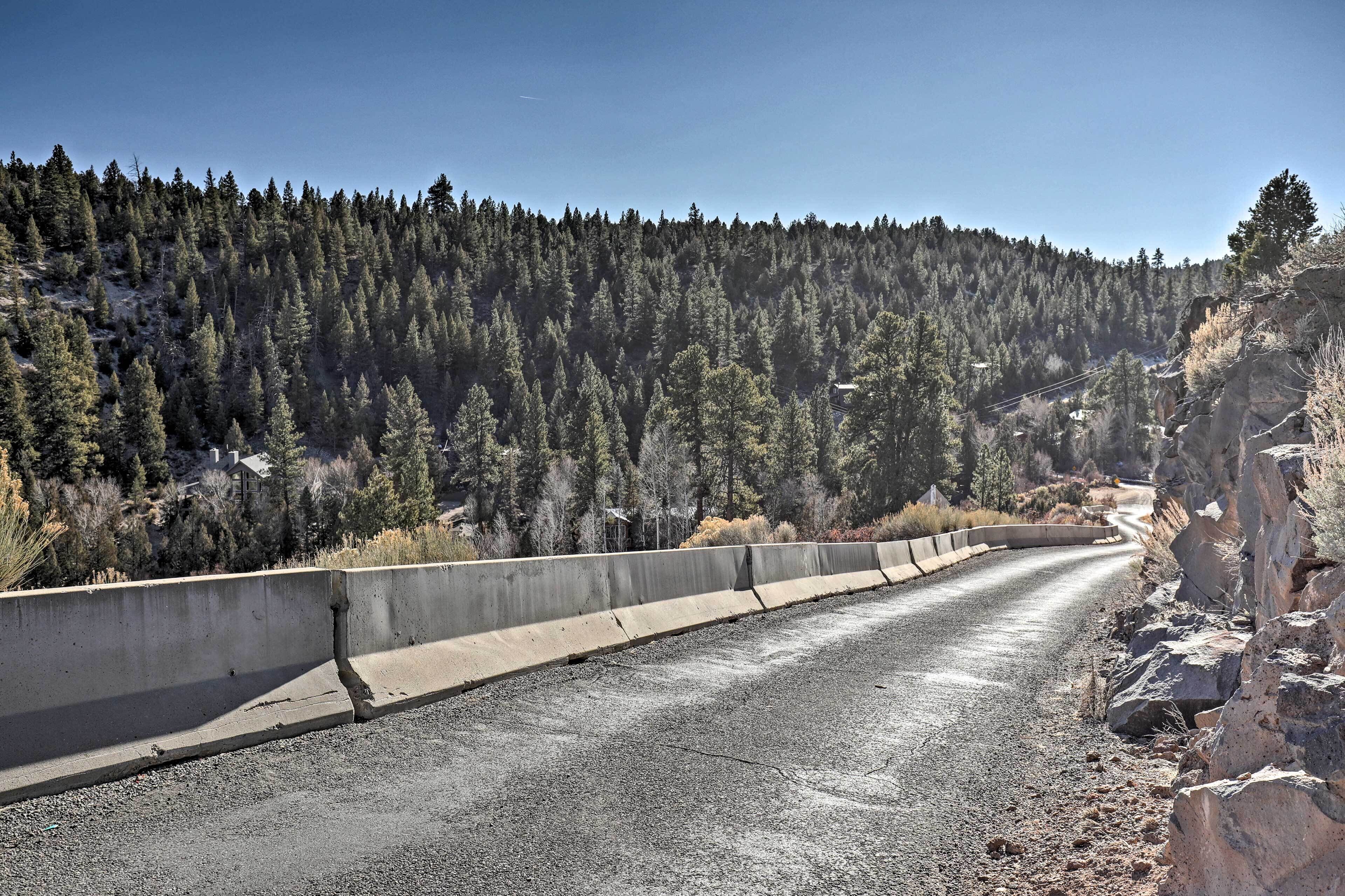 Eine Betonbarriere entlang einer kurvenreichen Straße mit einem bewaldeten Hang im Hintergrund.
