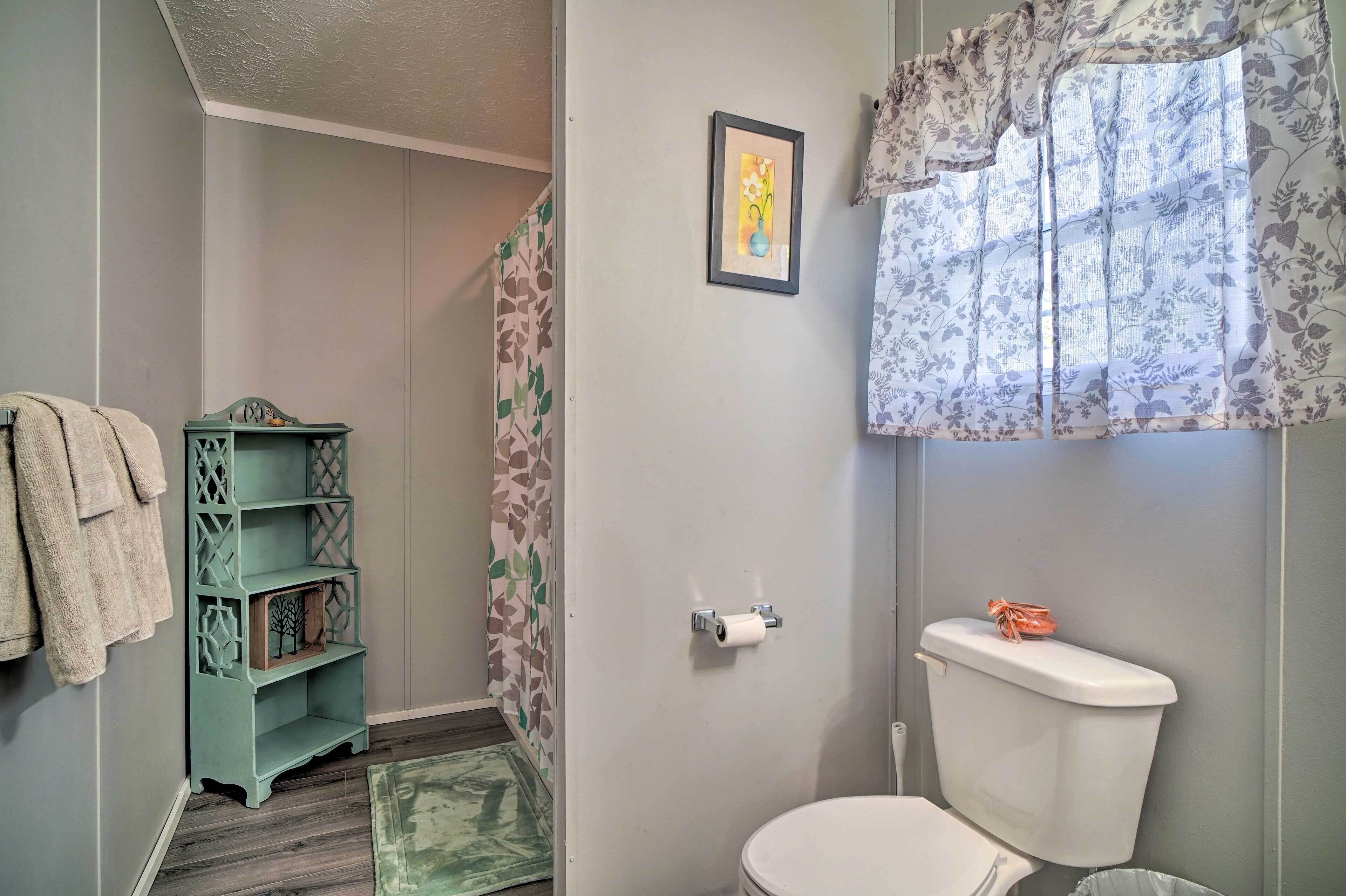 Une salle de bain avec des toilettes, une étagère verte, un rideau de douche et un tableau encadré au mur.