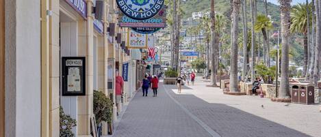 Un sendero pavimentado flanqueado por palmeras y diversos comercios, incluyendo una cervecería y un bar restaurante.
