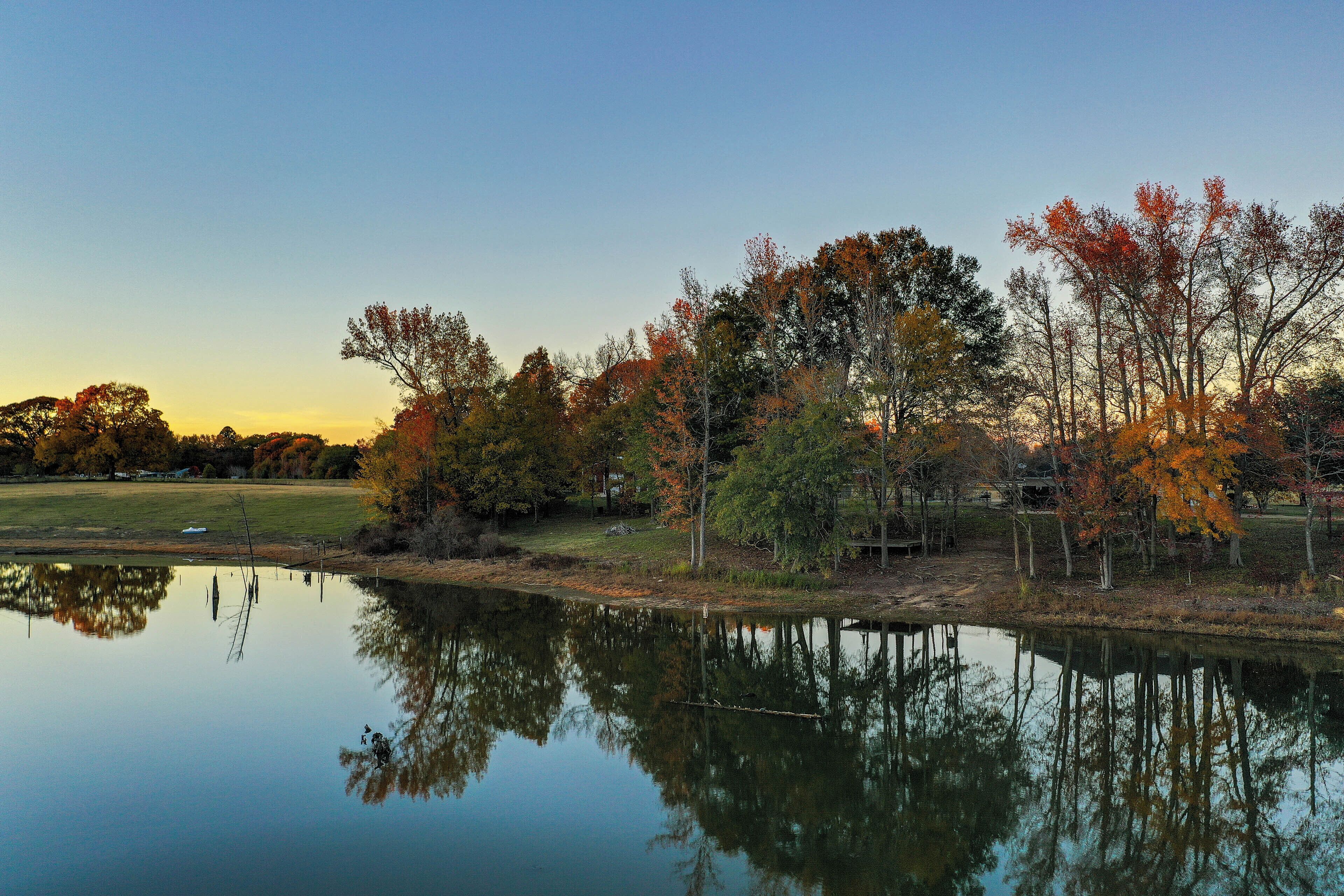 A calm lake reflecting trees with autumn foliage, surrounded by a grassy area and a fence.