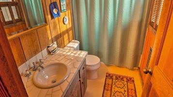 A bathroom with a wooden vanity, a sink, a toilet, and a patterned rug on the floor.