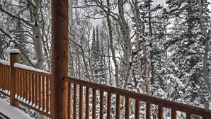 Ett träräcke på en balkong med utsikt över en snötäckt skog.