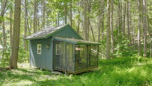 A small, single-story cabin with a green exterior, surrounded by dense forest. - Hiking Trails On-site: Cozy Falls Brook Cabin (Brattleboro)