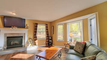 A living room with a fireplace, a sofa, a coffee table, and large windows.