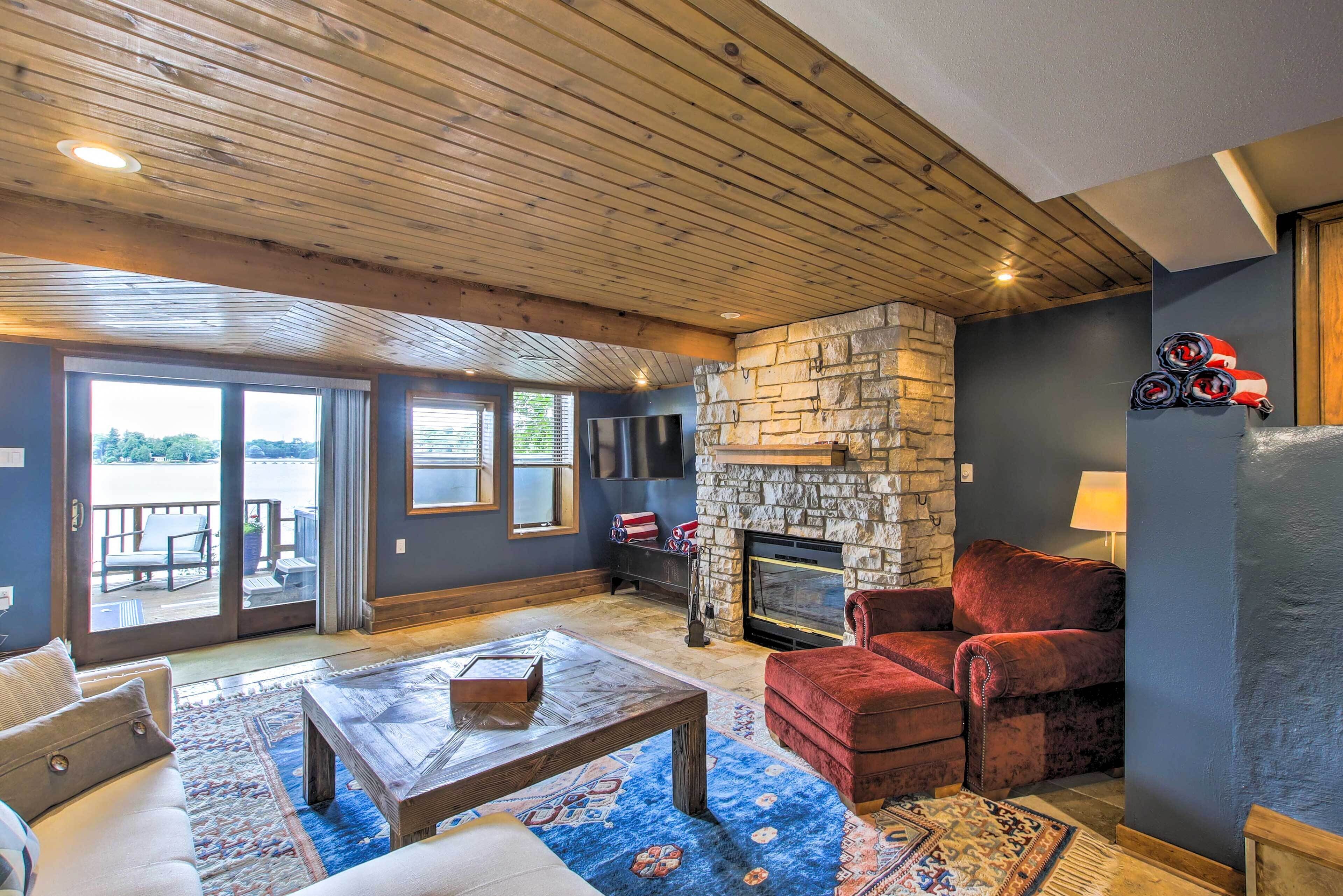 TV, fireplace, books