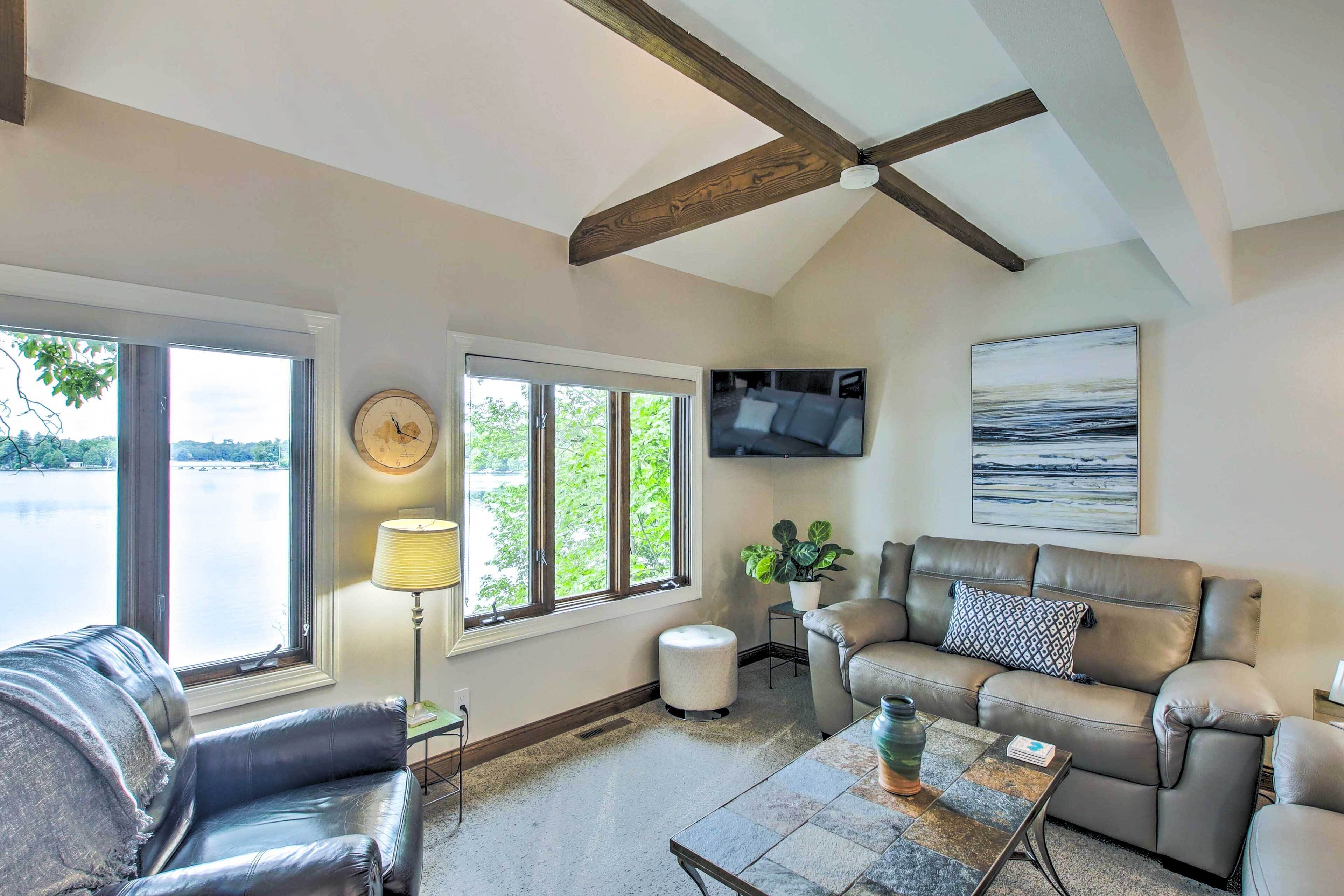 TV, fireplace, books