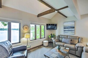 TV, fireplace, books