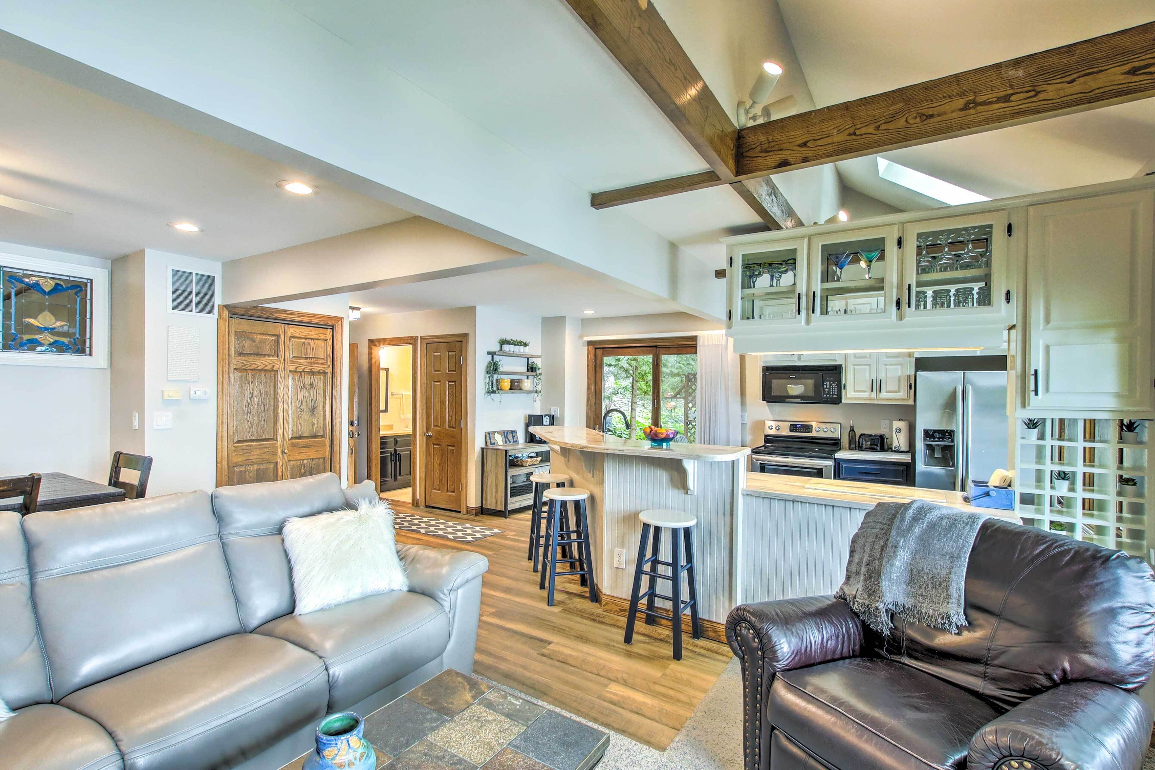 TV, fireplace, books