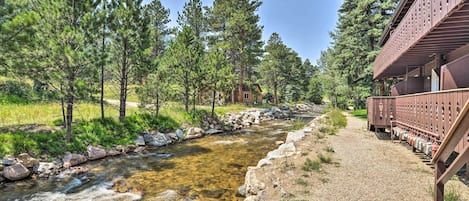 A cabin with a gravel path leading to a clear stream surrounded by pine trees.