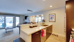 A modern kitchen with a central island, stainless steel appliances, and a large window providing natural light. - Ski-in/out Sun Valley Condo: First-floor Unit! (Ketchum)