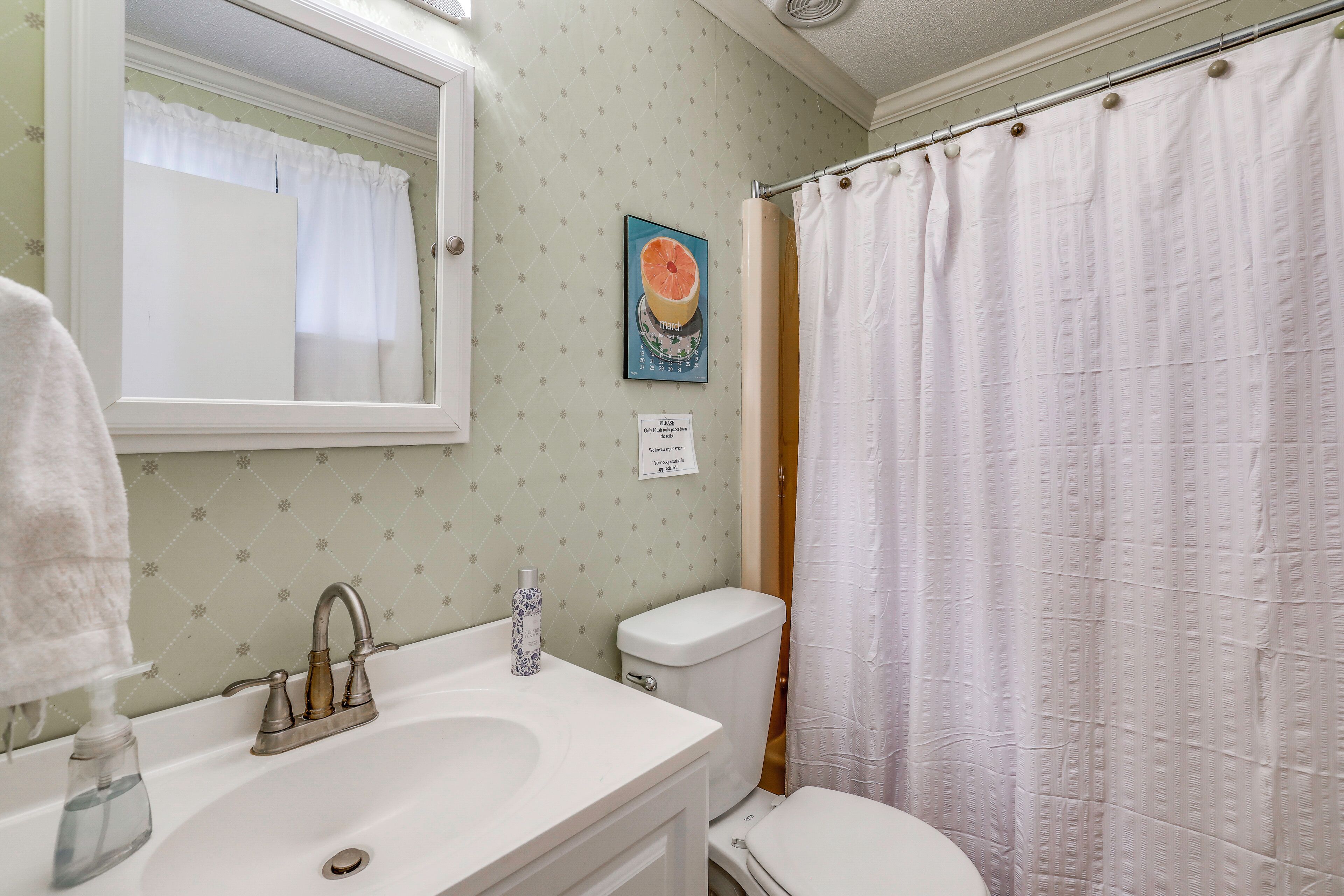 A bathroom with a sink, toilet, and shower curtain.