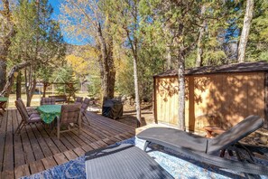 Une terrasse en bois aménagée avec du mobilier d’extérieur, notamment une table, des chaises et un fauteuil de relaxation.