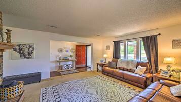 TV, fireplace, books