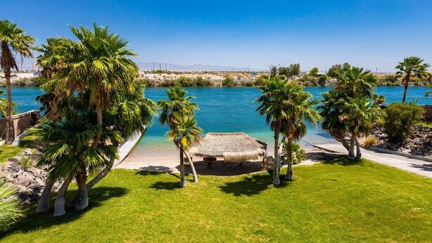 A beach with palm trees, a thatched hut, and a clear blue sea.