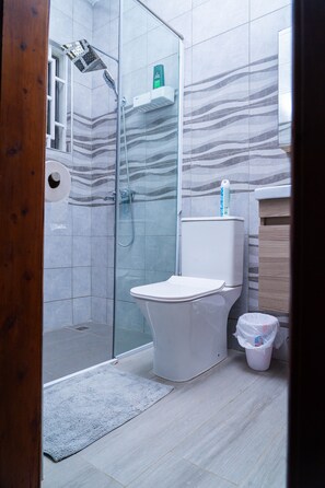 A bathroom with a glass shower enclosure, a white toilet, and a small trash bin. - Modern 2-Bedroom Apartment Home on a Gated Compound with Backup Solar Power. (Amrahia)
