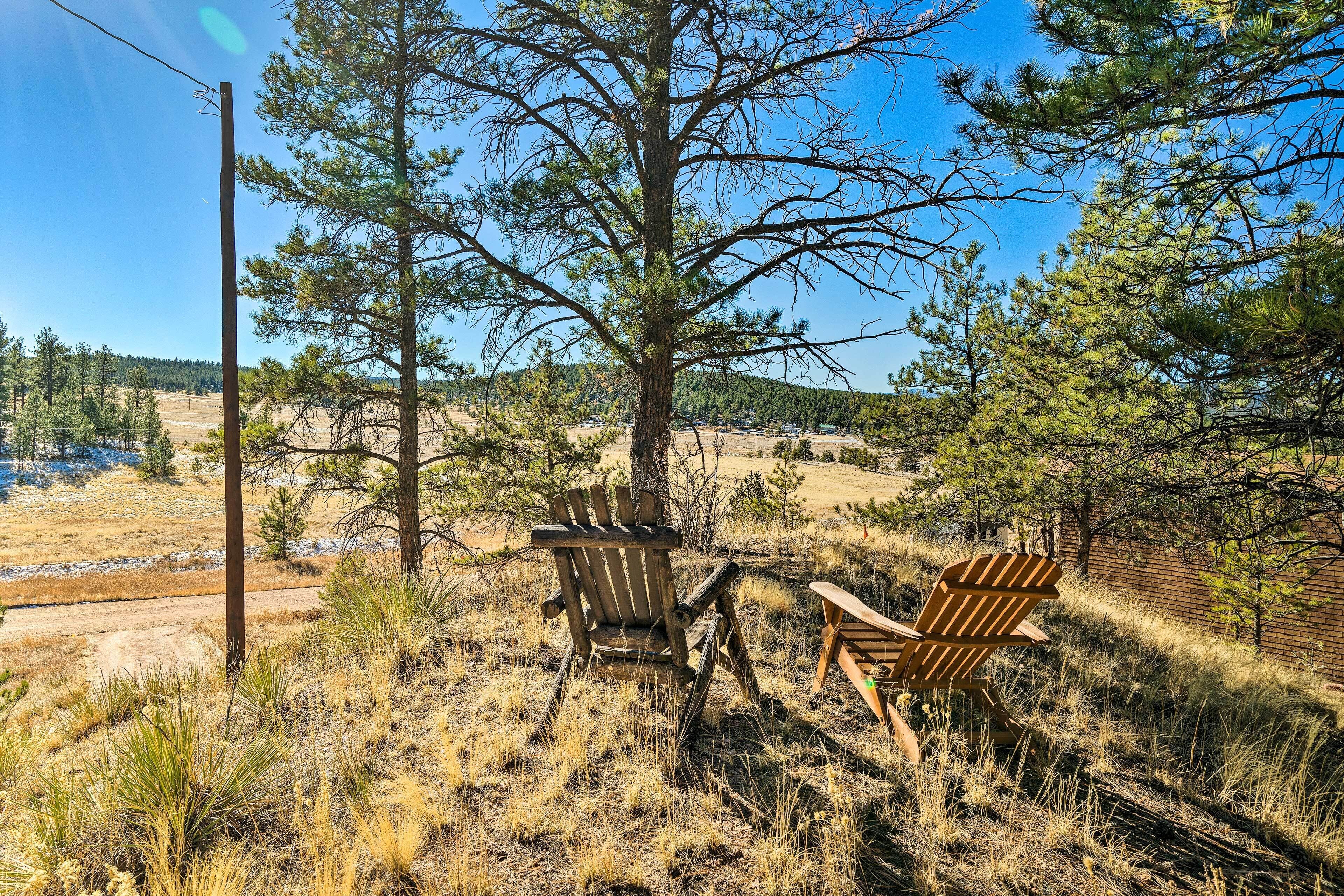 Un espacio de estar al aire libre con estilo rústico, con dos sillas Adirondack y una mesa de madera, rodeado de pastizal seco y árboles.