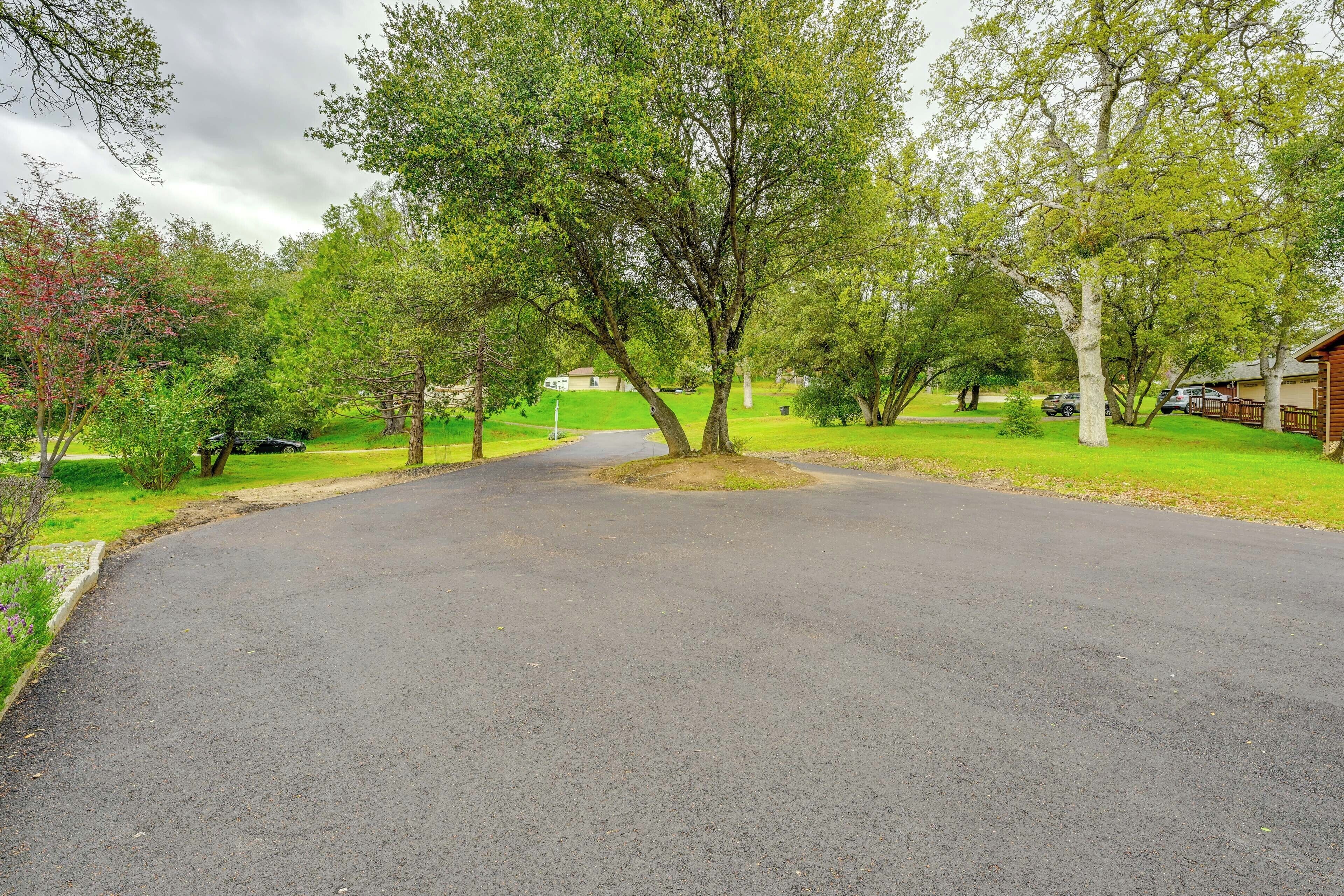 A paved driveway leading to a building surrounded by trees.