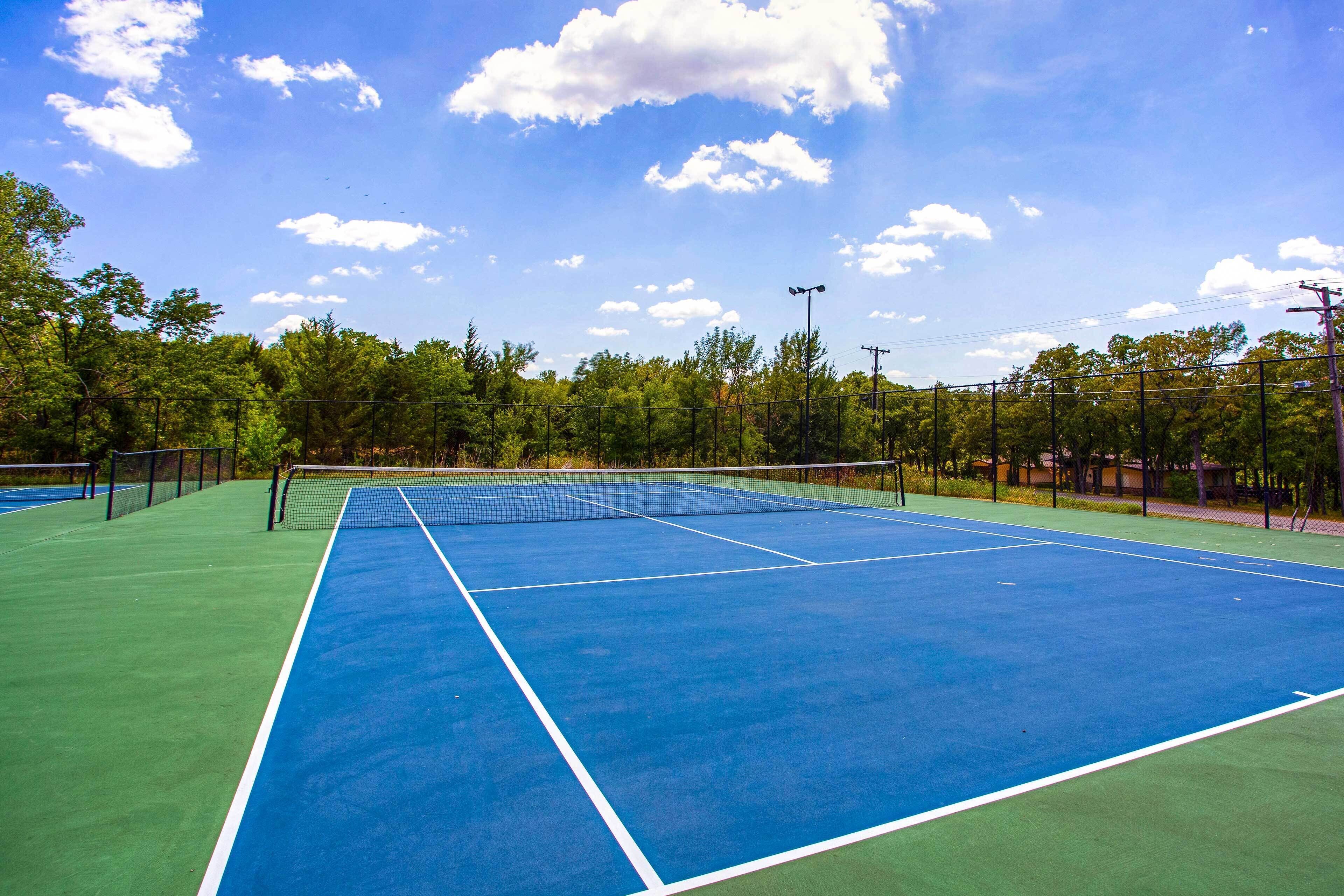 A tennis court with a net, surrounded by trees and a clear sky.