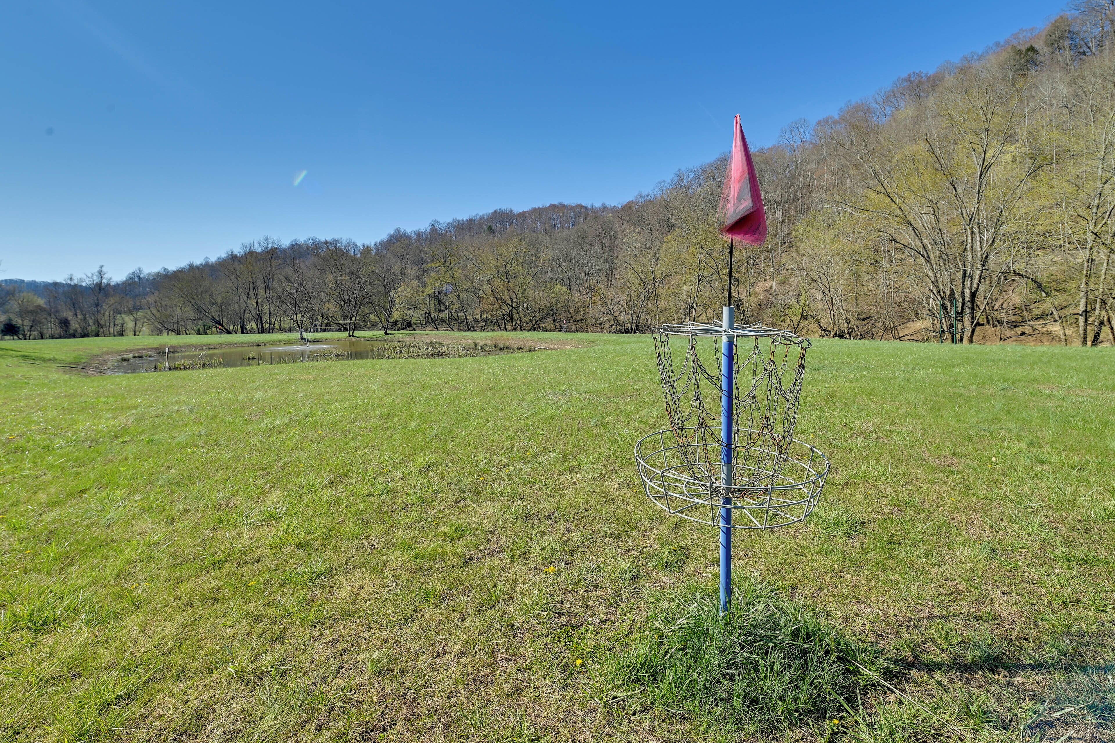 A disc golf basket with a flag on a pole, surrounded by a grassy field and trees in the background.