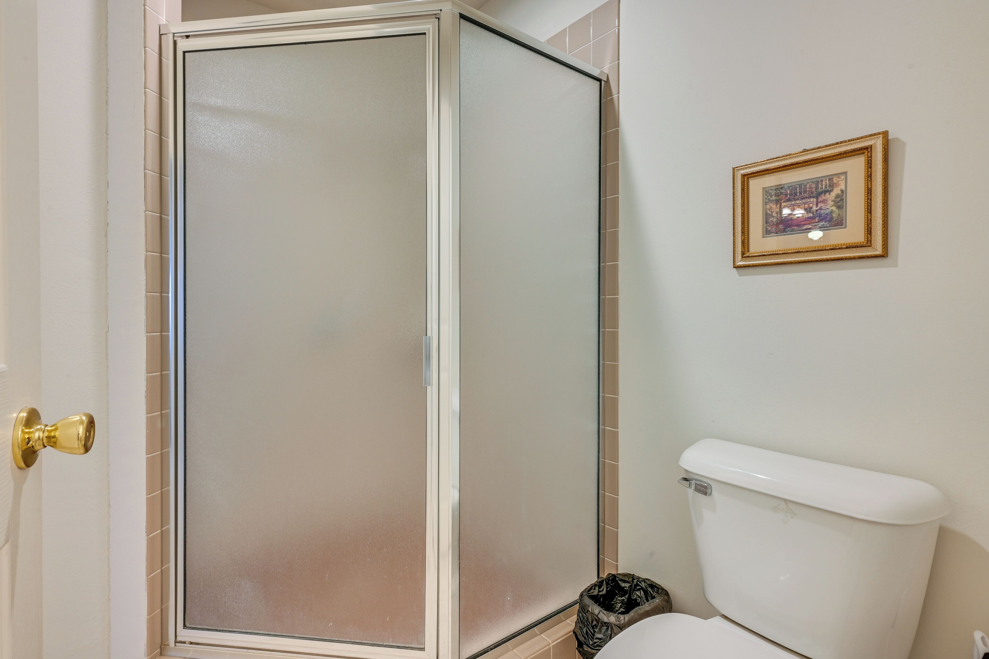 Ein Badezimmer mit Duschkabine, Toilette und einem gerahmten Bild an der Wand.
