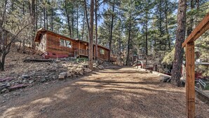 A cabin in a forest with a dirt path leading to it, surrounded by tall trees.