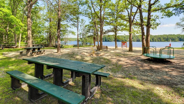 A park with picnic tables and a playground. - ~ 1 Mi to Lake: Secluded Poconos Home w/ Decks (Jim Thorpe)