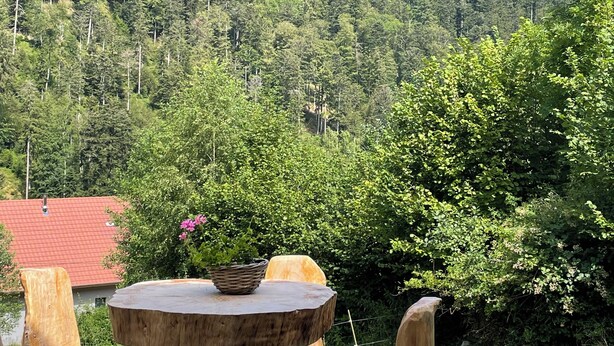 A rustic wooden table with a woven basket, surrounded by matching wooden chairs, set against a backdrop of a lush green forest and a clear blue sky. - Le Chalet du Coeur (Mittlach)