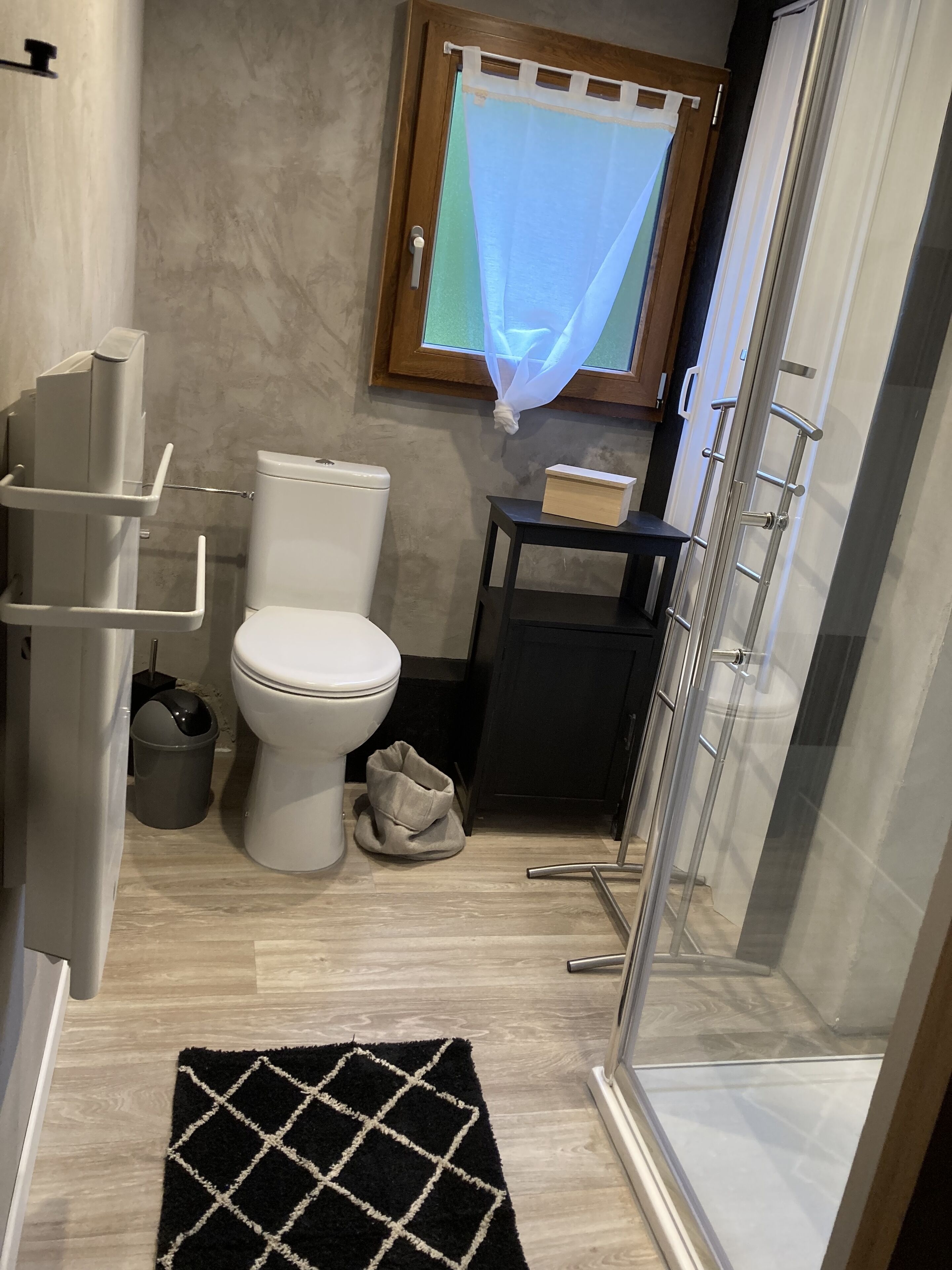 Un bagno con il water, un tavolino con una scatola, un cestino, una zona doccia e un tappeto.