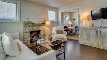 TV, fireplace, books