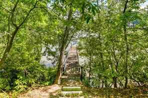 A wooden staircase surrounded by lush green foliage leading to a higher level. - Charming Abbeville Home w/ Private Boat Dock! (Abbeville)