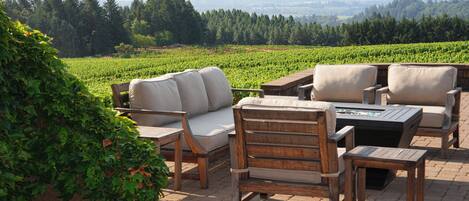 Une terrasse avec mobilier d’extérieur, un foyer et une vue sur un vignoble.