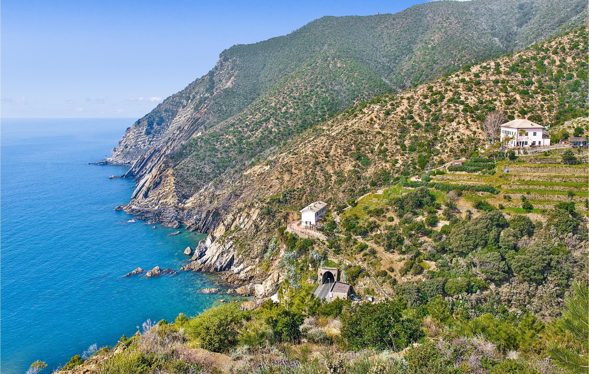 A coastal landscape with a white building on a hillside, a road leading to a tunnel, and terraced fields.