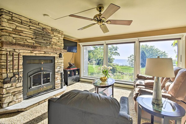 House (3 Bedrooms) | Interior - Deck + Fire Pit: Waterfront Lake Michigan Escape (Algoma)