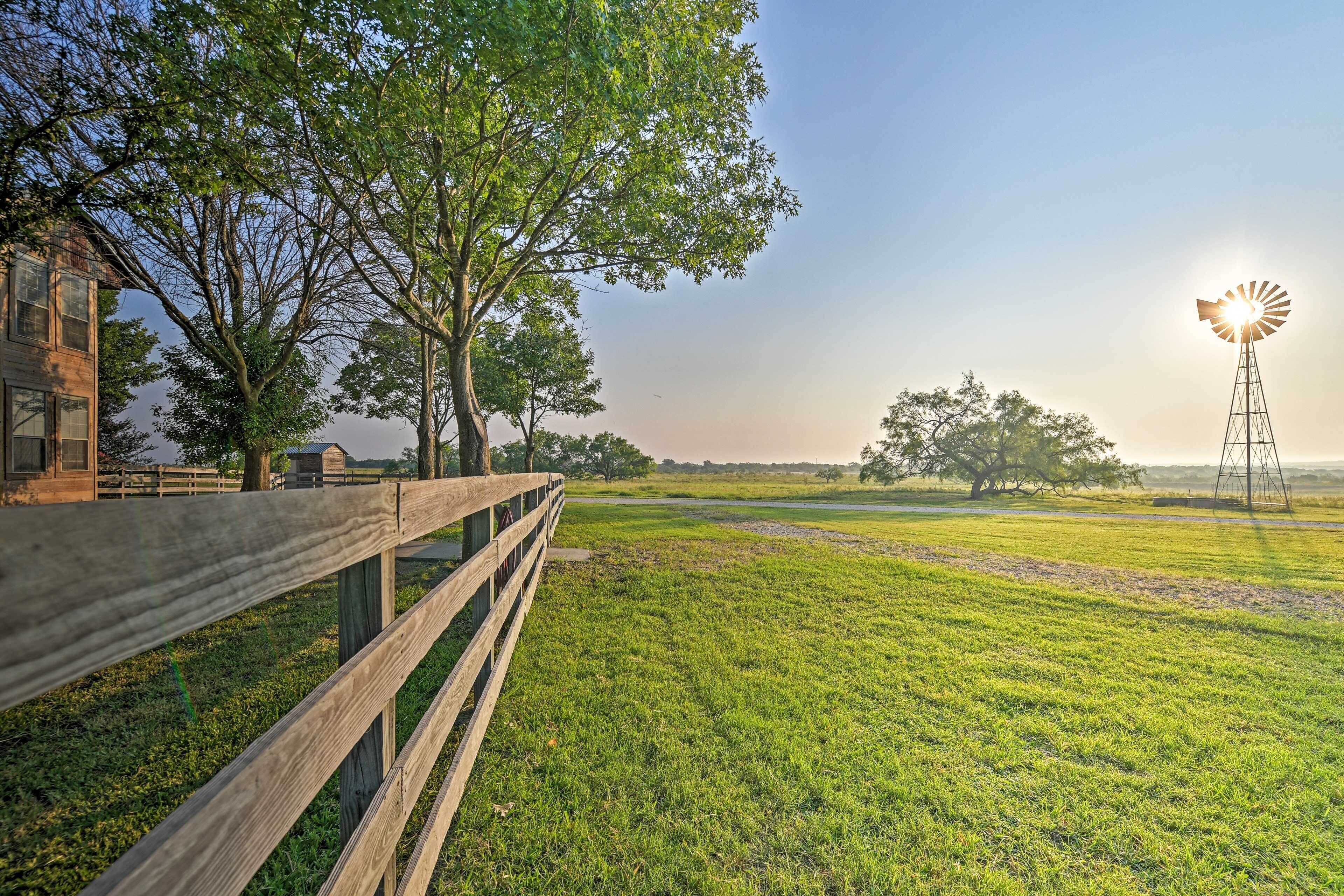 A wooden fence, a large tree, and a windmill in a grassy field.