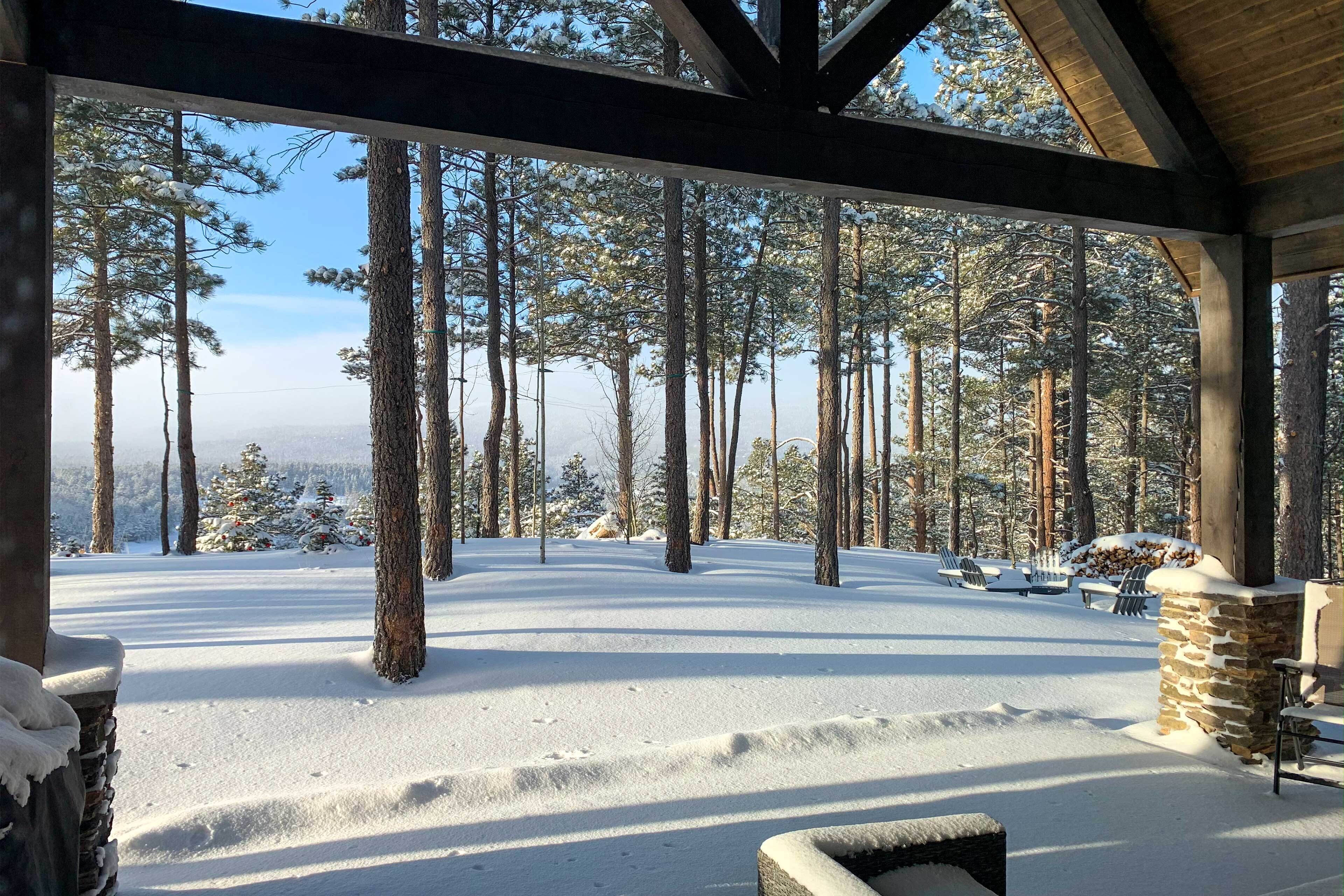 A covered outdoor area with snow-covered ground, tall trees, and outdoor seating.