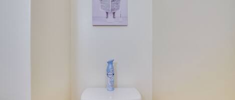 A toilet with a blue spray bottle on top and a wall-mounted picture above it.